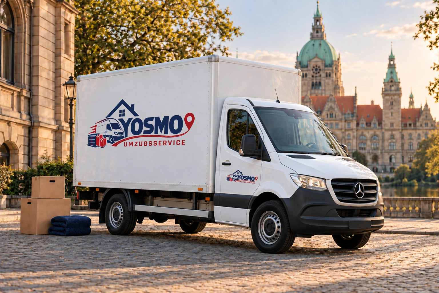 Illustratives Motiv: weißer Mercedes-Benz Sprinter mit YOSMO-Beschriftung und Umzugskartons vor dem Neuen Rathaus in Hannover